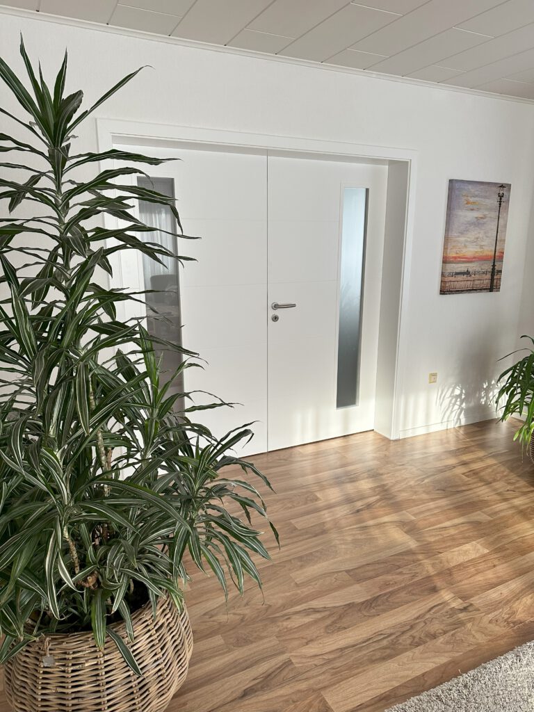 2flügige Zimmertür mit schmalen Lichtausschnitt und satinierten Glas